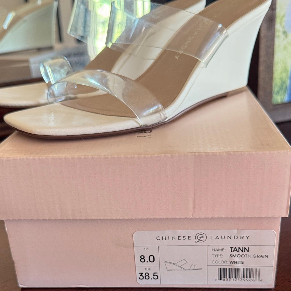Chinese Laundry "Tann" WHITE Wedge Sandals with Clear Straps, smooth grain wedge